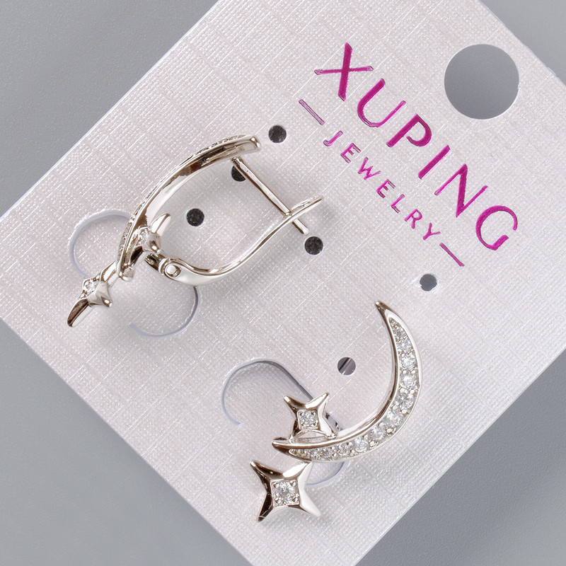 Earrings "Moon and Stars" Xuping with white rhinestones, diameter 24.5x10mm, rhodium