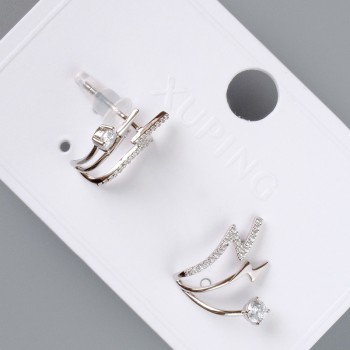 Earrings "Lightning" Xuping with white rhinestones, diameter 16x16 mm, without clasp, rhodium