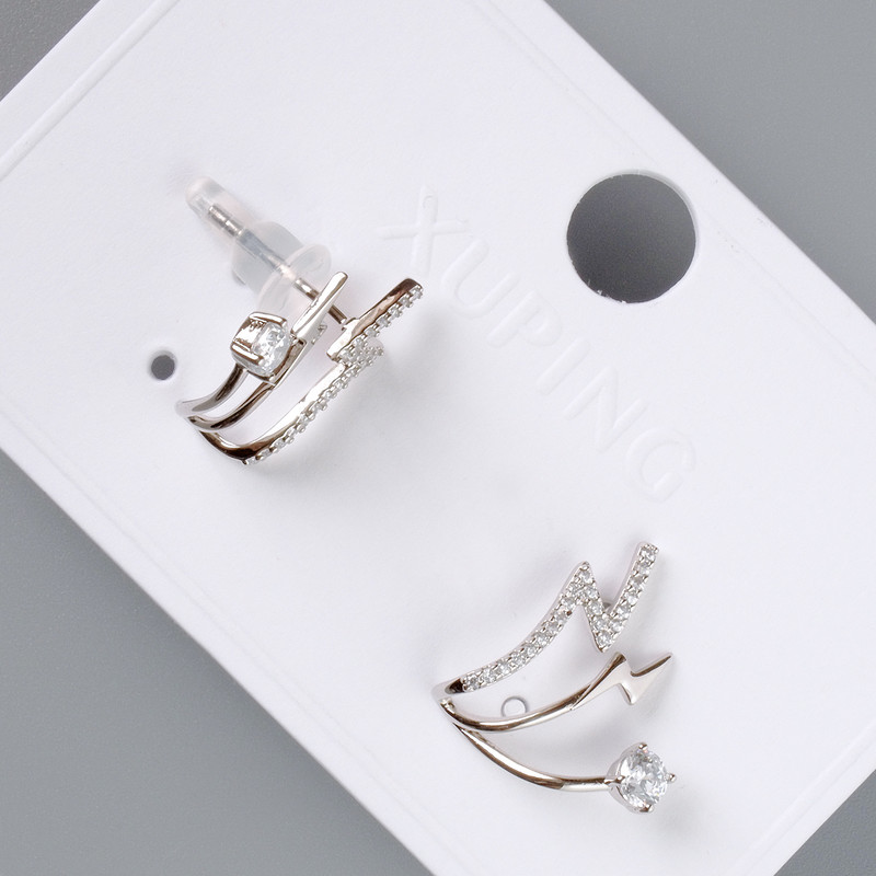 Earrings "Lightning" Xuping with white rhinestones, diameter 16x16 mm, without clasp, rhodium