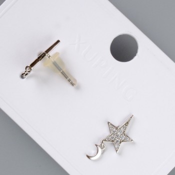 Earrings "Star and Moon" Xuping with White Rhinestones, diameter 12×9.5 mm, length 18 mm ±, without clasp, Rhodium-plated