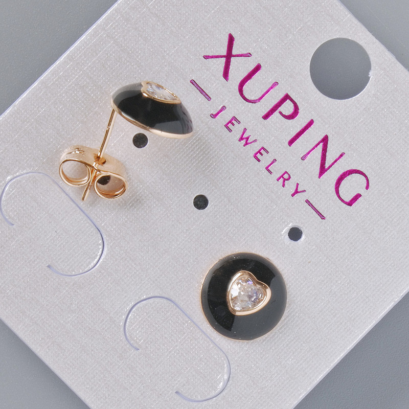 Stud Earrings "Heart" Xuping with White Crystal and Black Enamel, 10mm Diameter, 18K Gold Plated