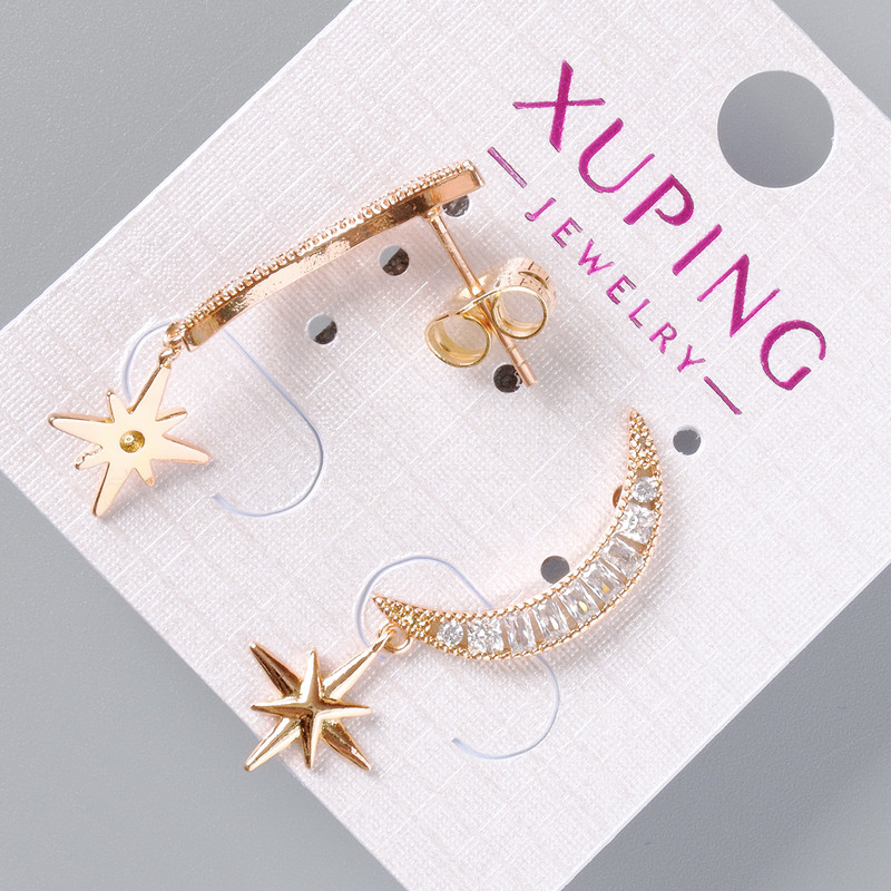 Earrings 'Moon and Star' Xuping with White Strass, 19×3.5 mm diameter, 10 mm? length 30 mm ±, 18K Gold Plated