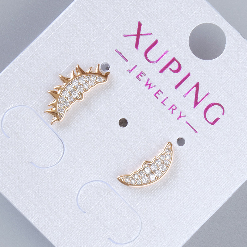 Stud Earrings "Sun and Moon" Xuping with White Crystals, diameter 14.5×7 mm and 12×5 mm, 18K Gold Plating