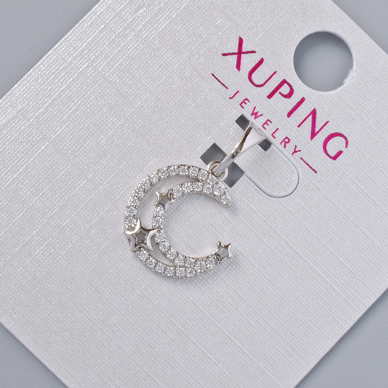 Pendant "Moon" by Xuping with White Rhinestones, 14x13mm diameter +/-, length 20mm +/- Rhodium