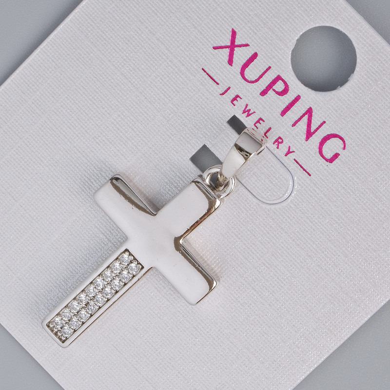 Pendant "Cross" Xuping with White Crystals, diameter 27×16, 5mm+ -, length 33mm+ -, Rhodium plated