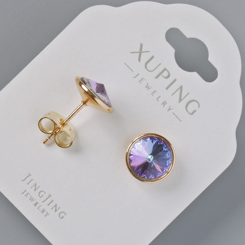 Xuping Earrings with Swarovski Crystals in Chameleon Purple and Blue, 10 mm Diameter, 18K Gold Plating