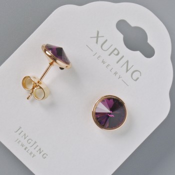 Earrings Puseti Xuping with Swarovski crystals burgundy color, 10 mm diameter, 18K gold plating