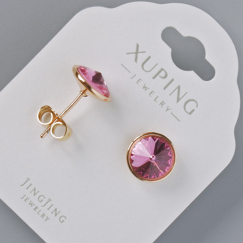 Earrings, Xuping studs with Swarovski crystals, pink color, 10 mm diameter, 18K gold-pl plated