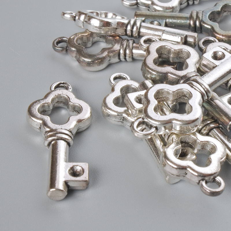 Pendant Finding Key 25x11mm, assorted 12 pcs ± 20 g, silver-colored metal