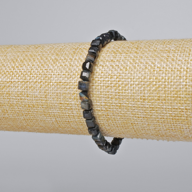 Bracelet Hawk's Eye Natural Stone Faceted Cube Beads, 5mm diameter, 18cm length (stretch)