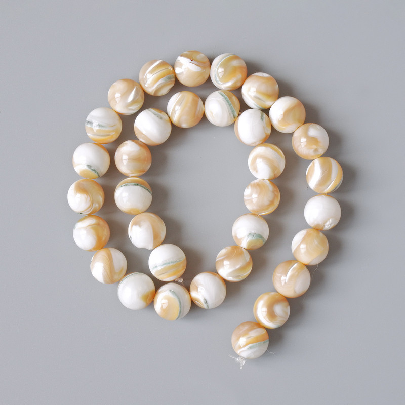 Beads, Beige Natural Mother-of-Pearl, Smooth Round, 12 mm Diameter, 39 cm Length on Nylon Cord