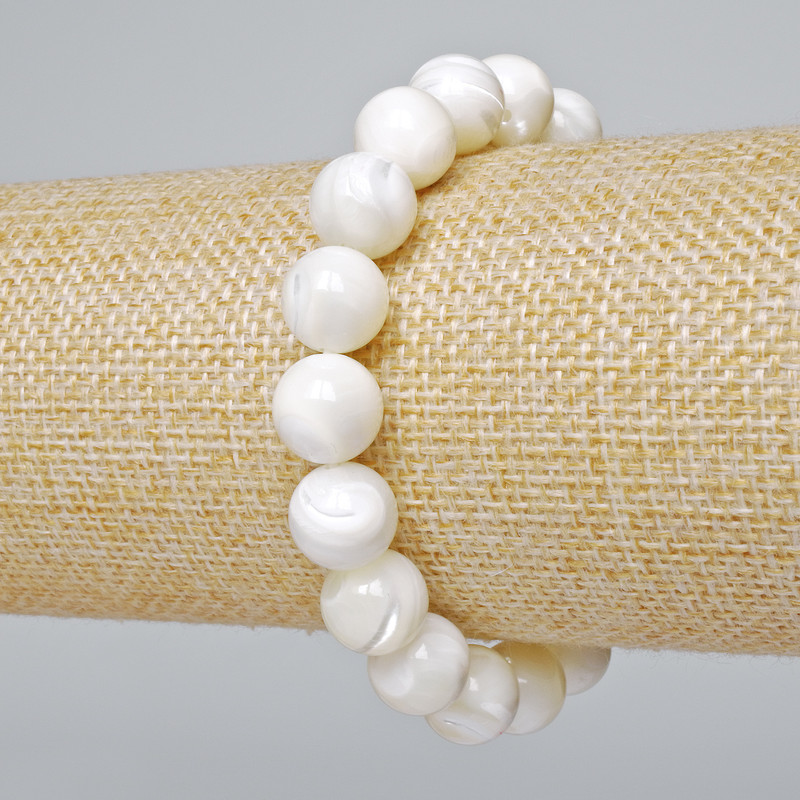 Bracelet Mother-of-P pearl natural smooth bead, diameter 10mm±, length 18cm± (stretch)