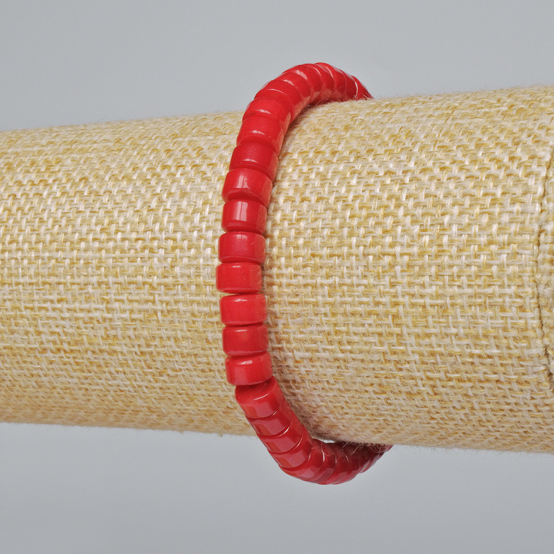 Natural Coral Bead Bracelet, donut discs 6x4 mm, length 18 cm, stretch