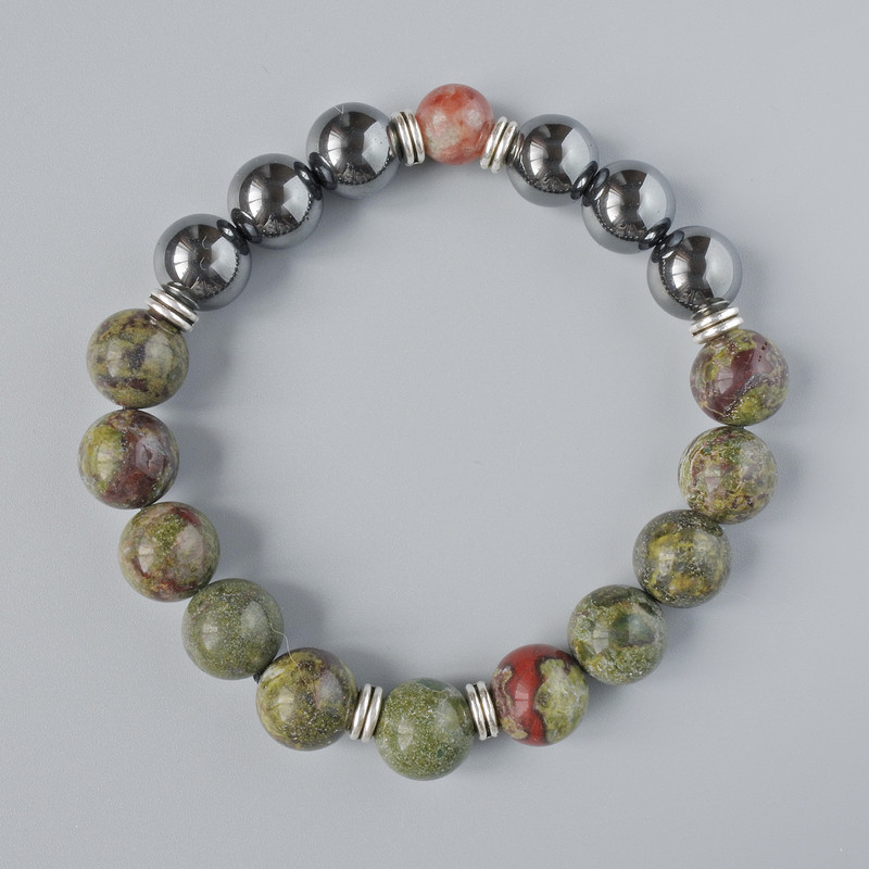 Jasper Bead Dragon's Blood (Dragon Blood) Jasper and Hematite Bracelet with Smooth Round Beads, diameter 10.5mm ±, length 18-20cm ± (stretch) with metal insets