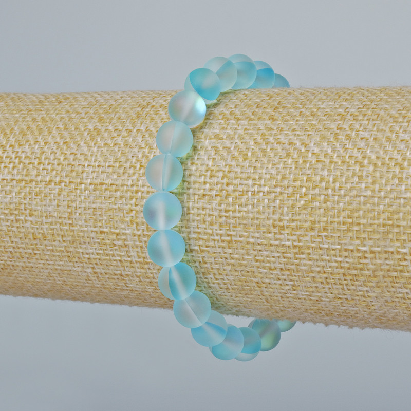 Opal Glass Bracelet with Smooth Bead, blue matte chameleon color, 8mm diameter ±, length 18cm ± (stretch)
