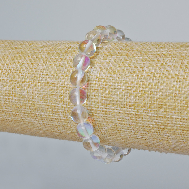 Opal Glass Bracelet Smooth Round Beads, White Transparent Chameleon Color, 8mm diameter ±, length 18cm ± (stretch)