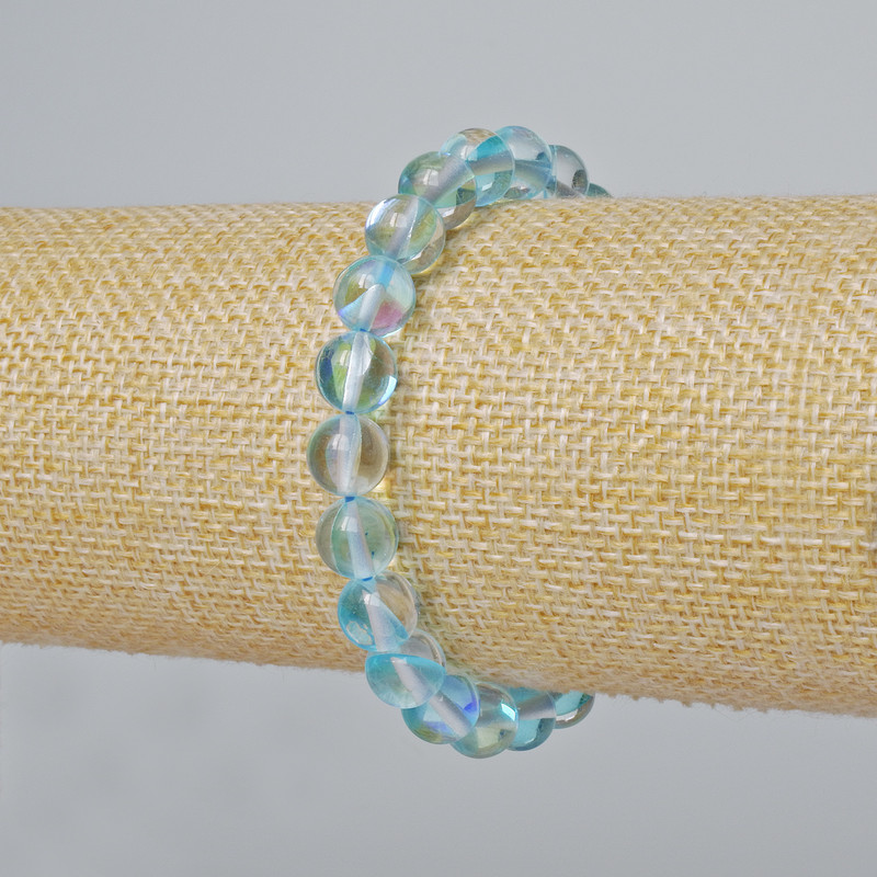 Opal Glass Bracelet Smooth Bead, Blue Transparent Hameleon, 8mm±, Length 18cm± (stretch)