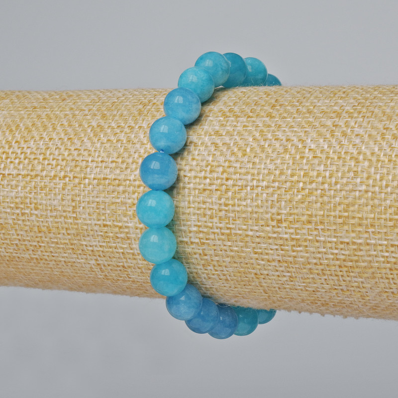 Bracelet Aquamarine natural stone smooth beads, diameter 8.5mm±, length 18cm± (stretch)