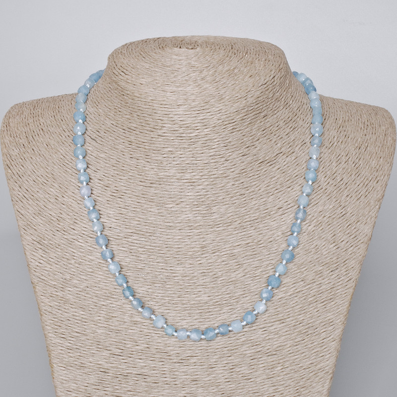Aquamarine Necklace natural gemstone faceted cube, diameter 5.5mm, length 48-50cm