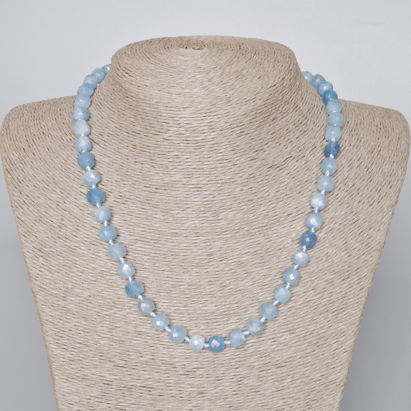 Aquamarine Necklace with Natural Faceted Cube Beads, diameter 7.5mm, length 48-50cm