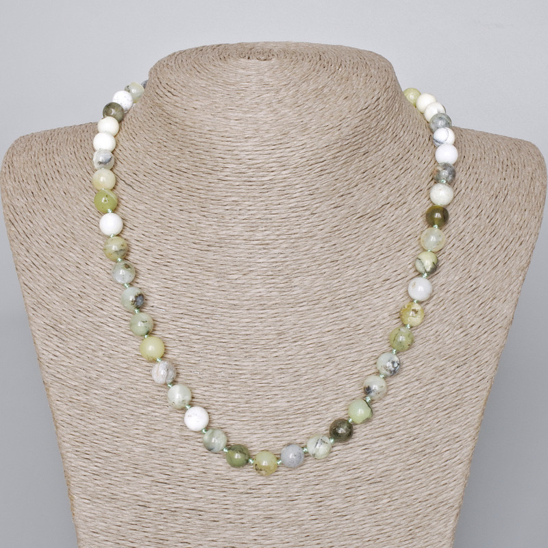 Necklace Green Opal natural stone smooth bead, diameter 8mm+-, length 46-48cm+