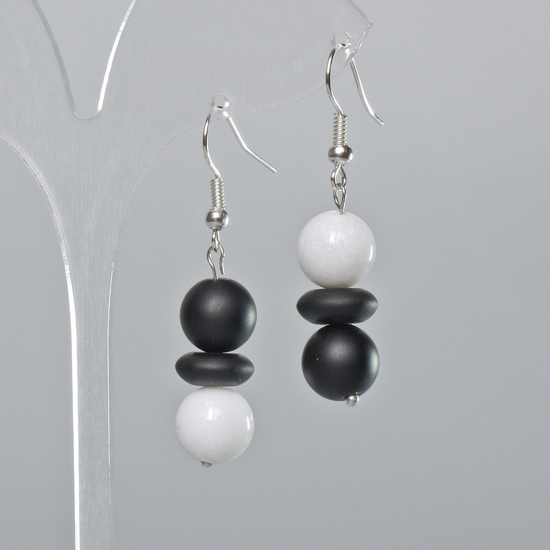 Earrings Shungite and White Agate (artificial) smooth bead, rondelle, diameter 10mm±, length 45mm±