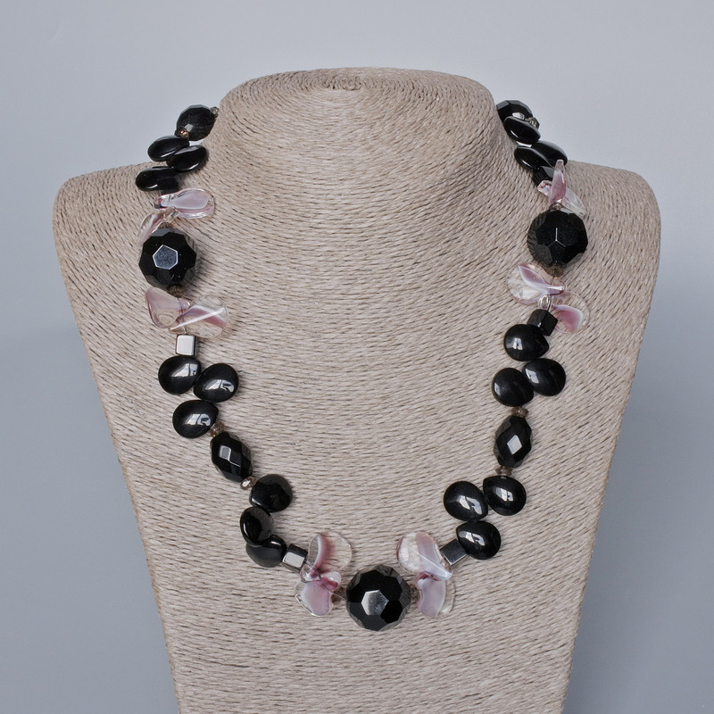 Onyx Agate Necklace with Czech Crystal, 49-51 cm length