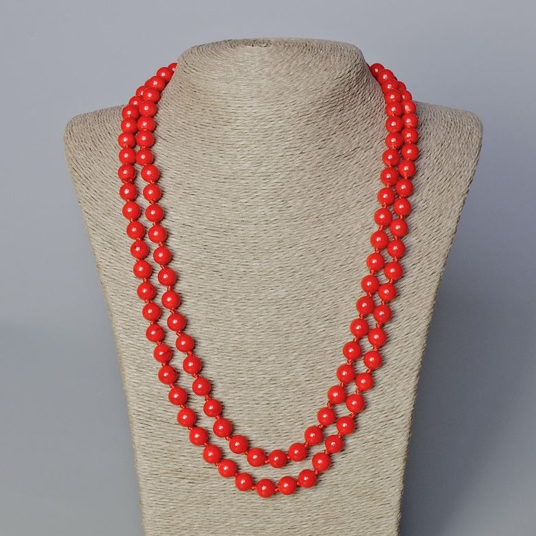 Long Coral Bead Necklace (pressed) smooth round beads, diameter 8.5 mm, length 120 cm