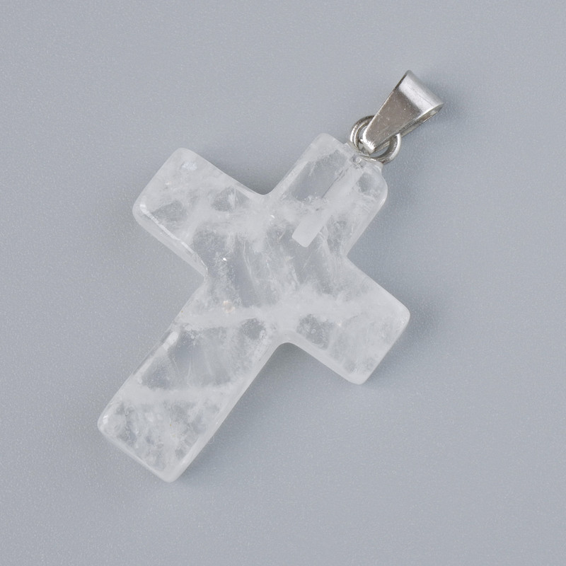 Pendant "Cross" Natural Mountain Crystal Stone, diameter 25x18mm±, length 34mm±