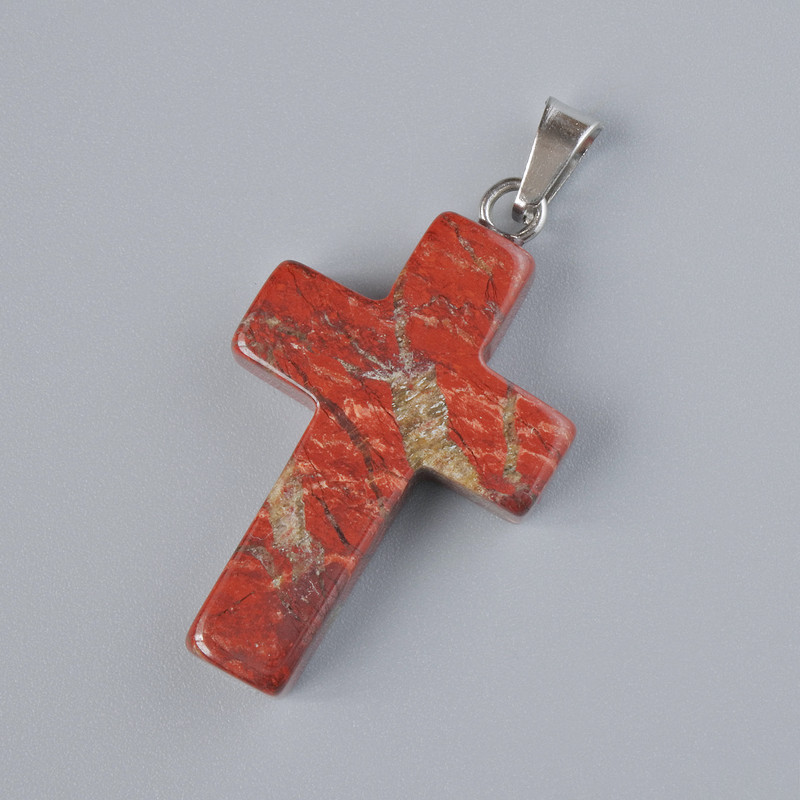 Pendant "Cross" Red Jasper natural stone, diameter 25x18mm±, length 34mm±