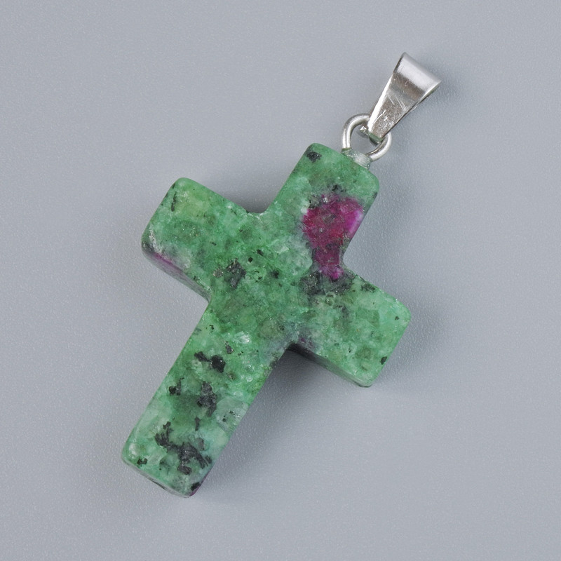 Pendant "Cross" Zoisite Natural Stone, diameter 25x18mm±, length 34mm±