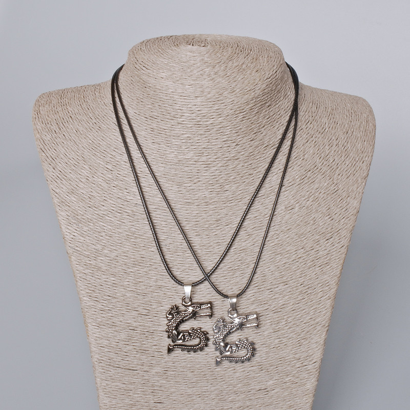 Pair Pendants "Dragon" with Black Enamel and Silver Metal 33x26mm+ -, length 45-50cm+