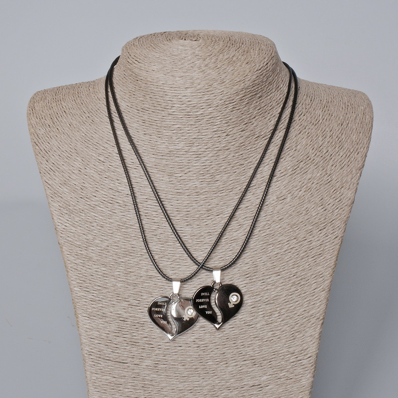 Pair Pendants "Heart" with black enamel, silver metal and white crystal 27x28mm + -, length 45-50cm+
