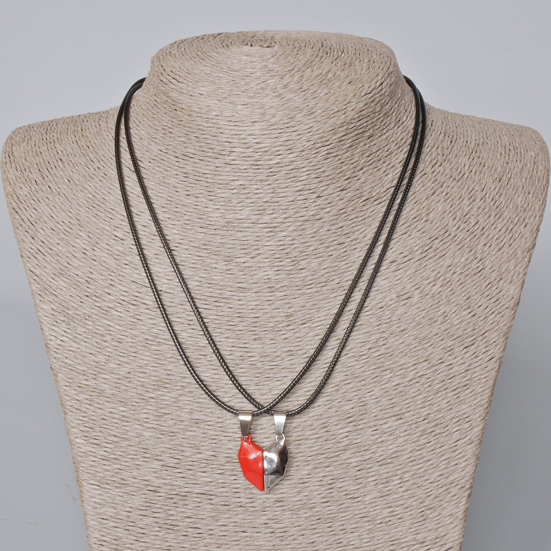 Pair of Heart Magnetic Pendants, red enamel, silver metal 20,5x17,5mm + -, length 45-50cm+