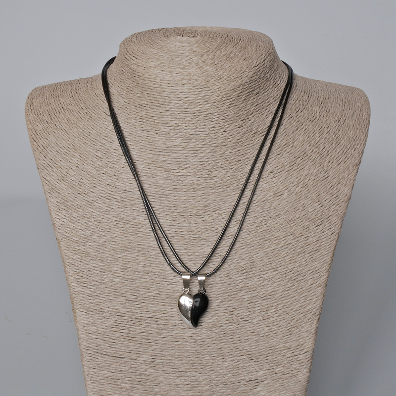 Pair of Heart Magnetic Pendants, black enamel, silver metal 22x17, 5mm + -, length 45-50cm+