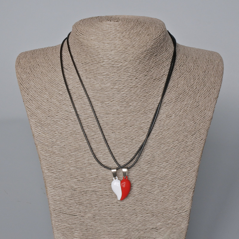 Paired Heart Pendants on Magnet, white and red enamel 22x17.5 mm + -, length 45-50 cm