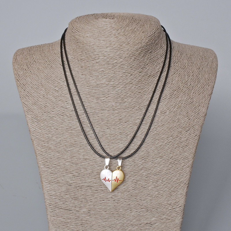 Pairs of Heart Magnetic Pendants, White, Red, and Gold Enamel 24x22mm + -, Length 45-50cm+