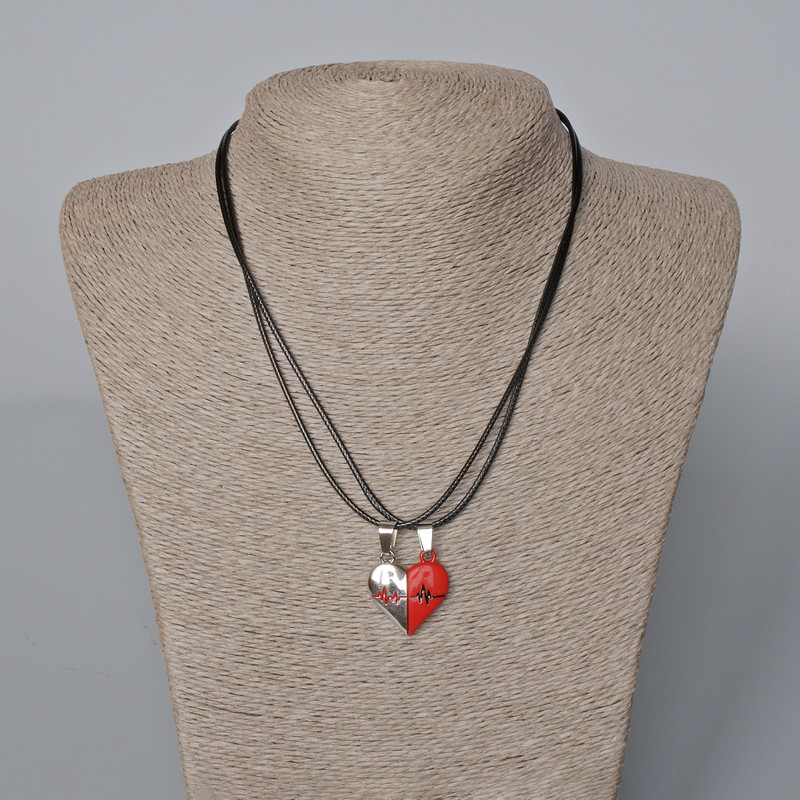 Pair Heart Pendants on Magnet, red and black enamel, silver-toned metal 24x22mm + -, length 45-50cm+