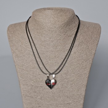  pairs of heart magnets pendants on magnet, red and black enamel, silver metal 24x22mm + -, length 45-50cm+