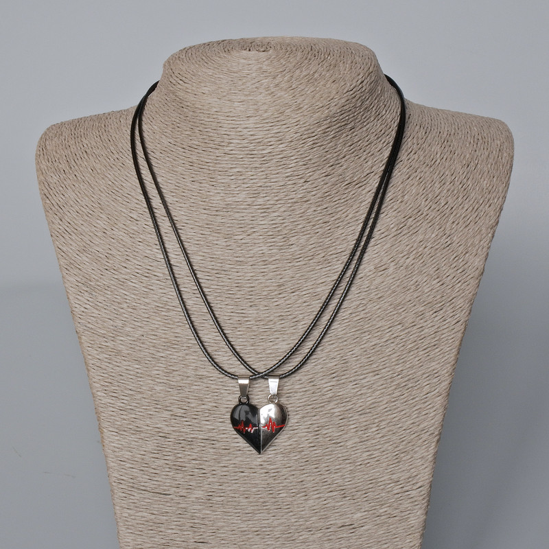  pairs of heart magnets pendants on magnet, red and black enamel, silver metal 24x22mm + -, length 45-50cm+