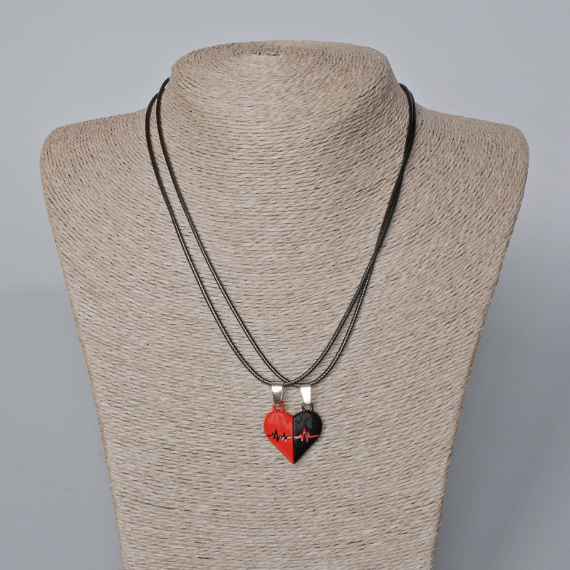 Pair Pendant 'Heart' on Magnets, red and black enamel 24x22mm + -, length 45-50cm+