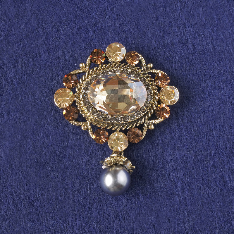 Brooch Pendant Accent with Yellow Crystals and Rhinestones, Gray Bead, Golden Metal 48x39mm+