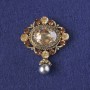 Brooch Pendant Accent with Yellow Crystals and Rhinestones, Gray Bead, Golden Metal 48x39mm+