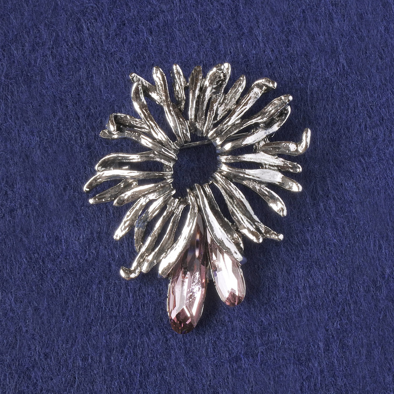 Brooch-pendant Accent with Pink Crystals, Silver Metal 42x37mm+