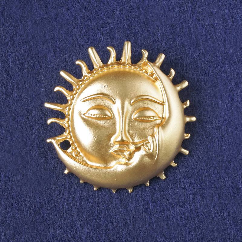 Brooch Sun and Moon Yellow Matte Enamel, Gold-Tone Metal 46x46mm