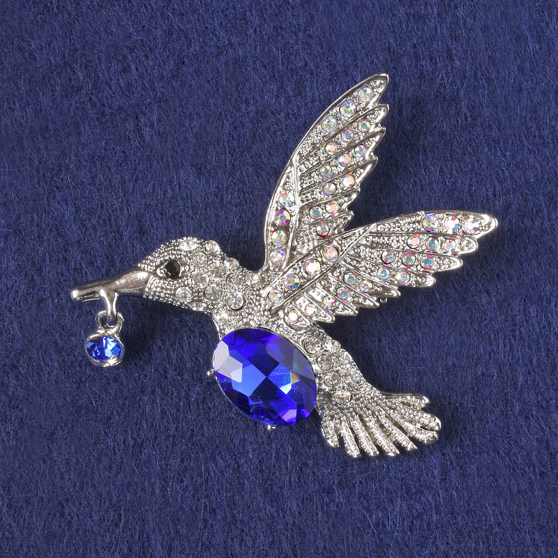 Brooch-pendant Hummingbird Blue Crystal, chirreled rhinestones, silver metal 47x52mm+
