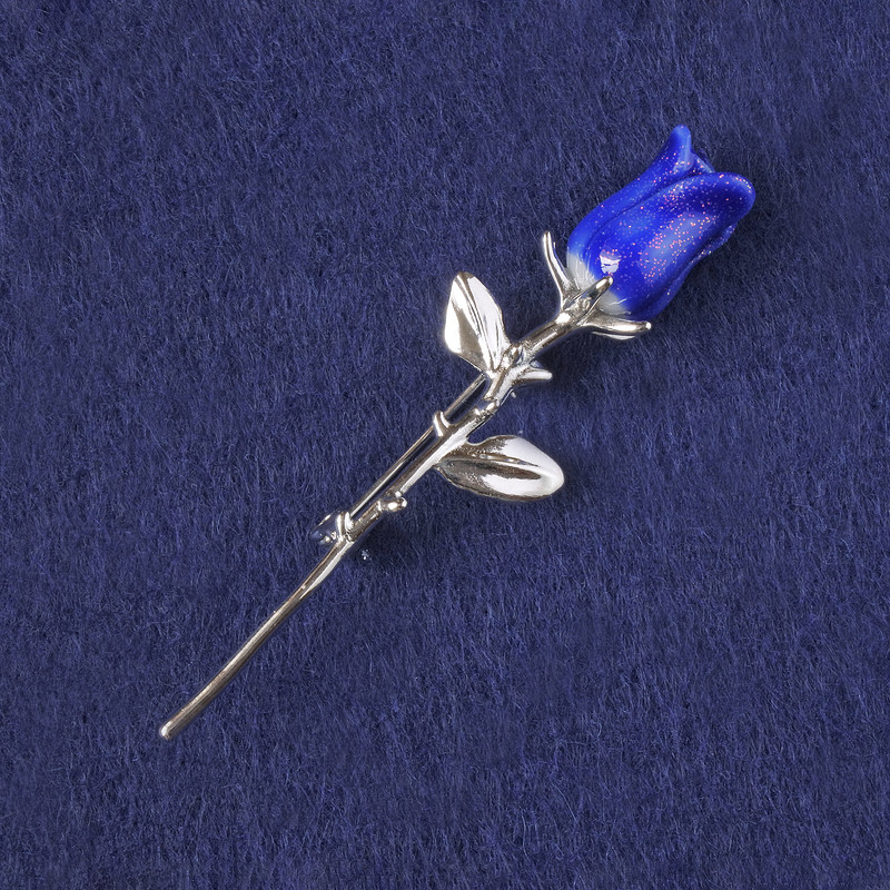 Brooch Rose blue with rhinestones, plastic petals, silver metal 65x19mm+