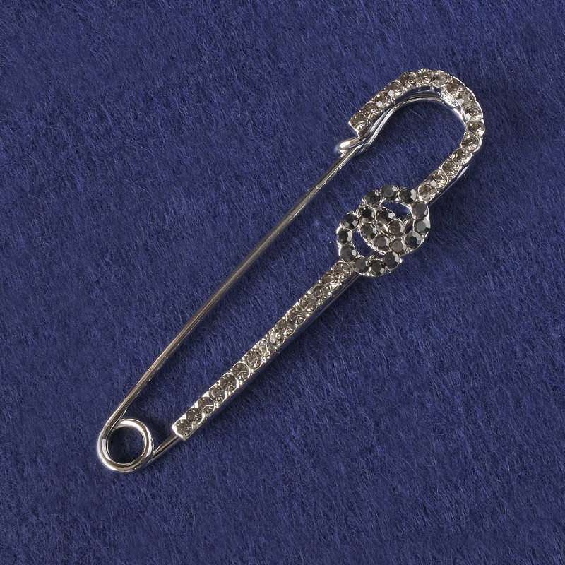 Brooch Pin with Black Rhinestones, Silver Metal 71x16mm+