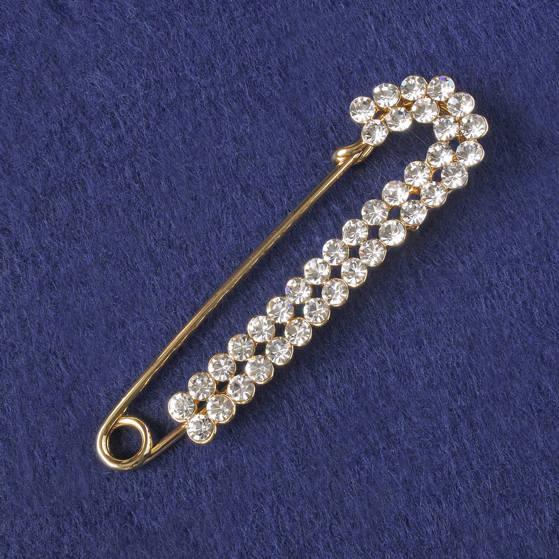 Brooch Pin with White Crystals, Gold-Tone Metal 72x20mm+