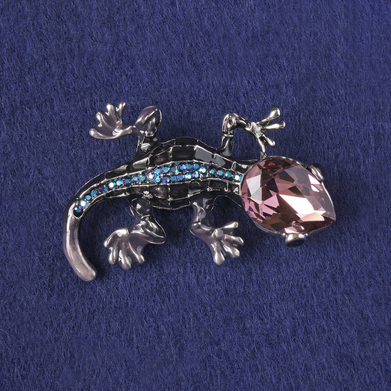Brooch Pendant Lizard with enamel in dark gray, pink crystal, blue rhinestones, silver metal 31x50mm+